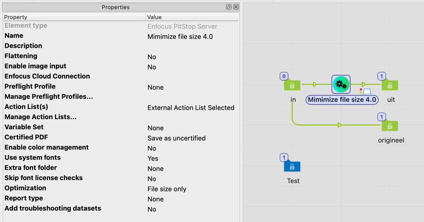 De Minimize File Size-action in een PitStop Server-hotfolder