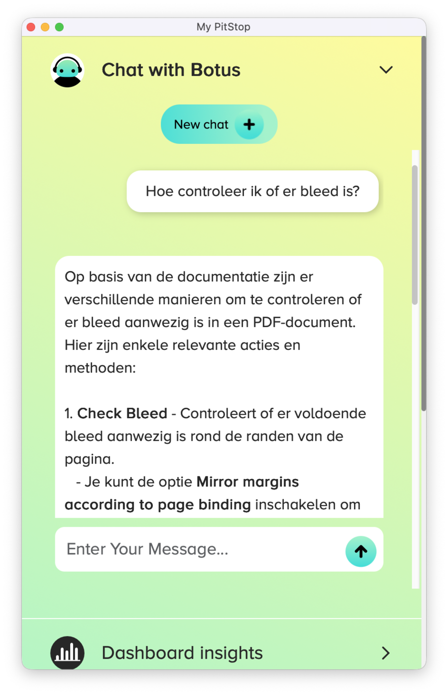 Het paneel 'My PitStop' met AI-chatbot Botus