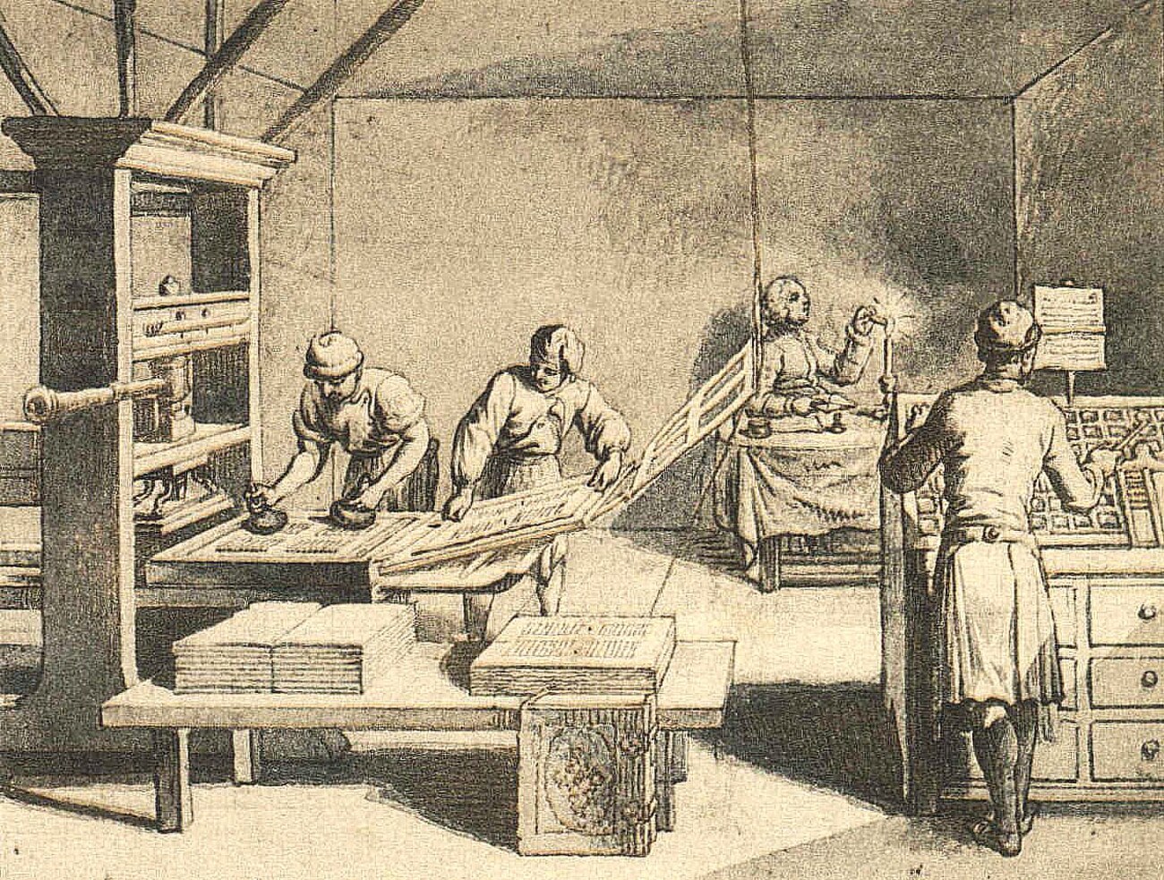 Traditioneel drukkersvakmanschap (ets van Daniel Chodowiecki, publiek domein)